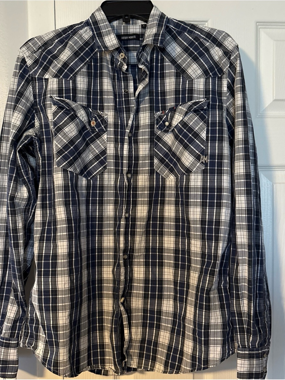 Antony Morato Men's Navy and White Plaid pearl snap Button-Up Shirt